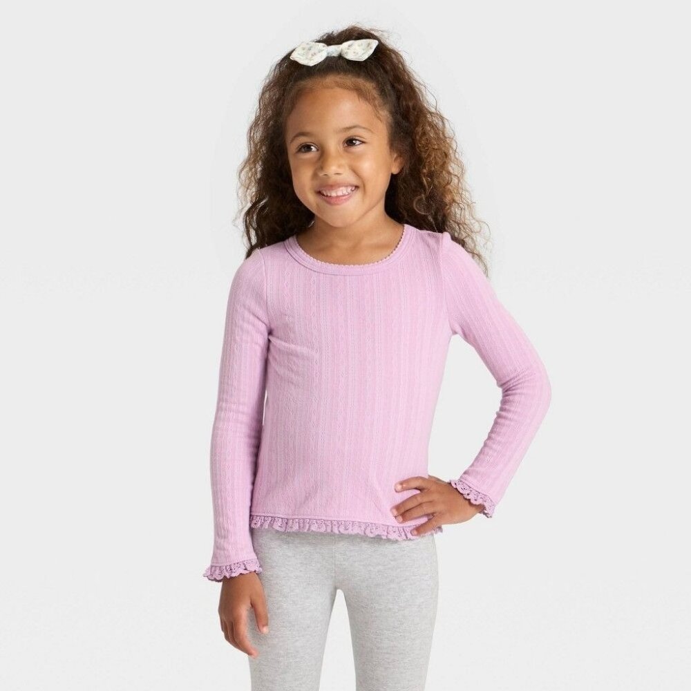 NWT Toddler Girls' Long Sleeve Pointelle T-Shirt - Cat & Jack™ Lavender Mauve 3T